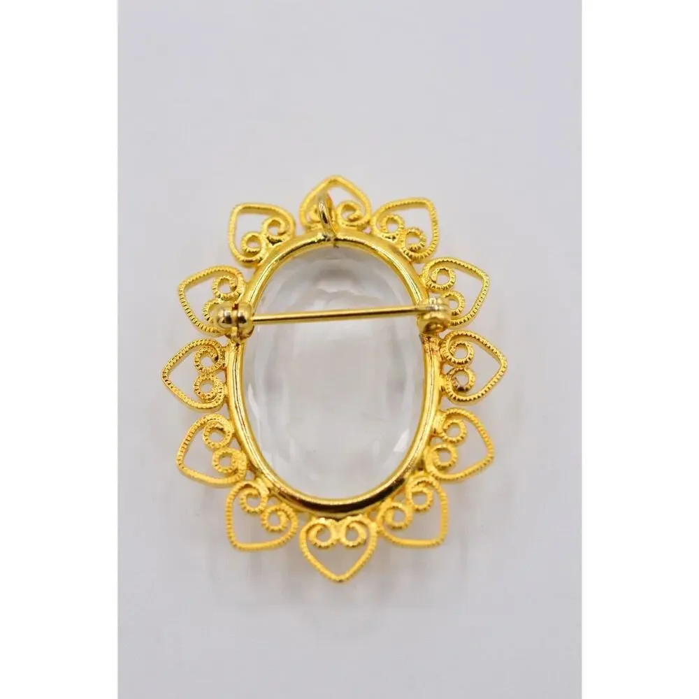 Vintage Cameo Pin Brooch Framed Glass Crystal Clear Oval Gold Tone 1980s 9B